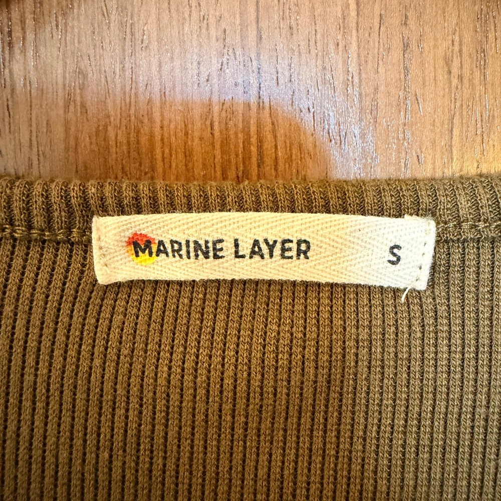 Marine Layer Women S Olive Green Ribbed Square Neck Short Sleeve Top Minimalist - Picture 2 of 7
